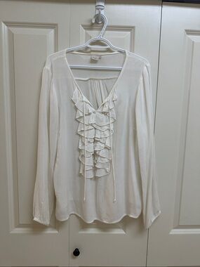 Light Cream Ruffle Front Long-Sleeve Blouse